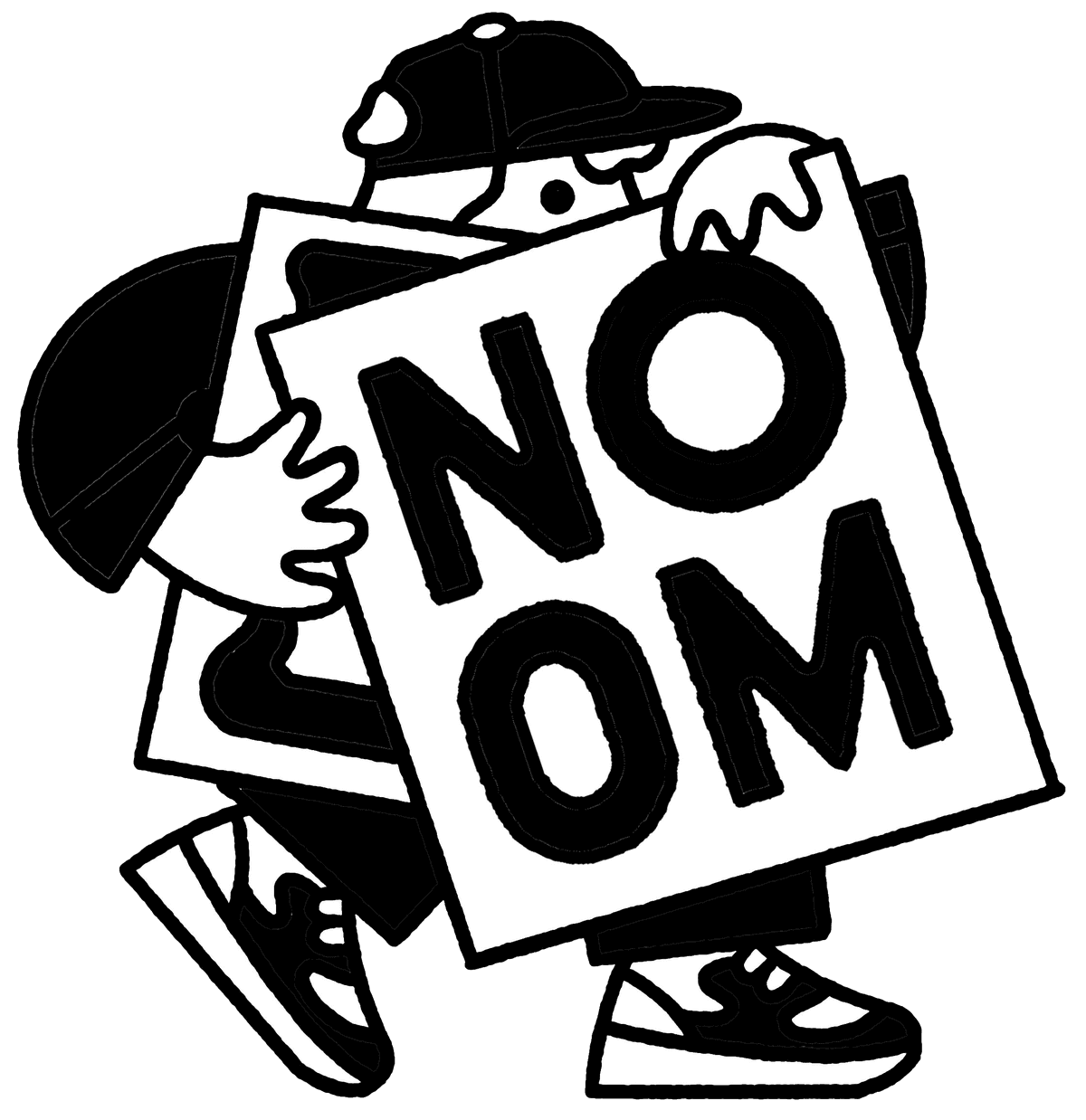 Joshua Noom's self-portrait mark — a figure in a cap walking behind a large poster reading NOOM, drawn in his heavy black line style.