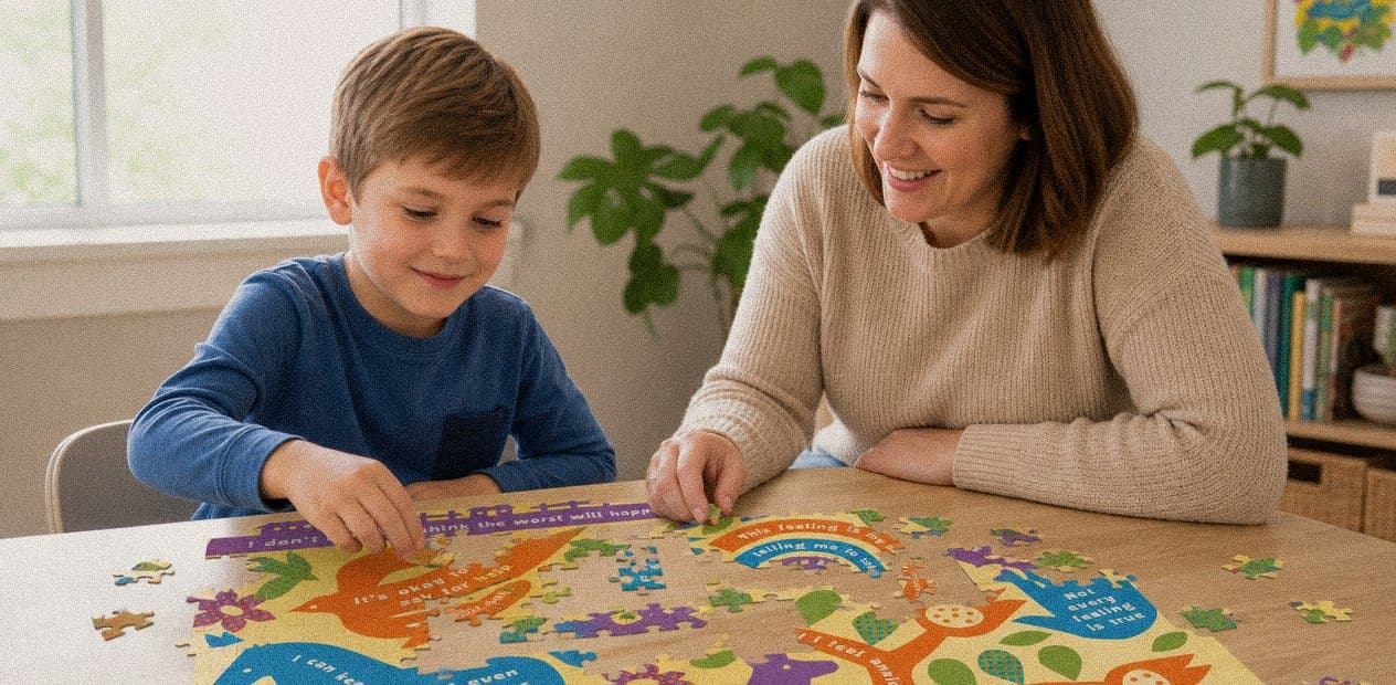 A boy and his mother at a kitchen table, part-way through the Big Feelings puzzle. Loose pieces are scattered around the finished middle.